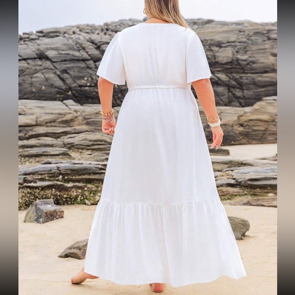 Boho Plus Size Floral Embroidered Button Down Short Sleeve Maxi Dress  White - Picture 5 of 6